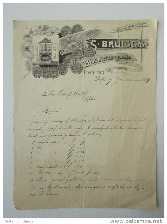 Letter Bestelling Brief 1909 Delft Bruigom Bloemenmagazijn Facture Invoice - Autres & Non Classés