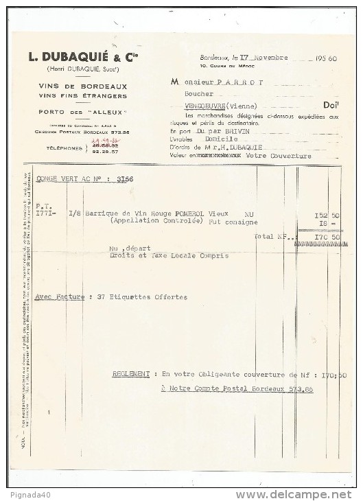 Facture , Vins De Bordeaux , Vins Fins étranger , L. DUBAQUIE & Cie , 1960 , Bordeaux - Autres & Non Classés