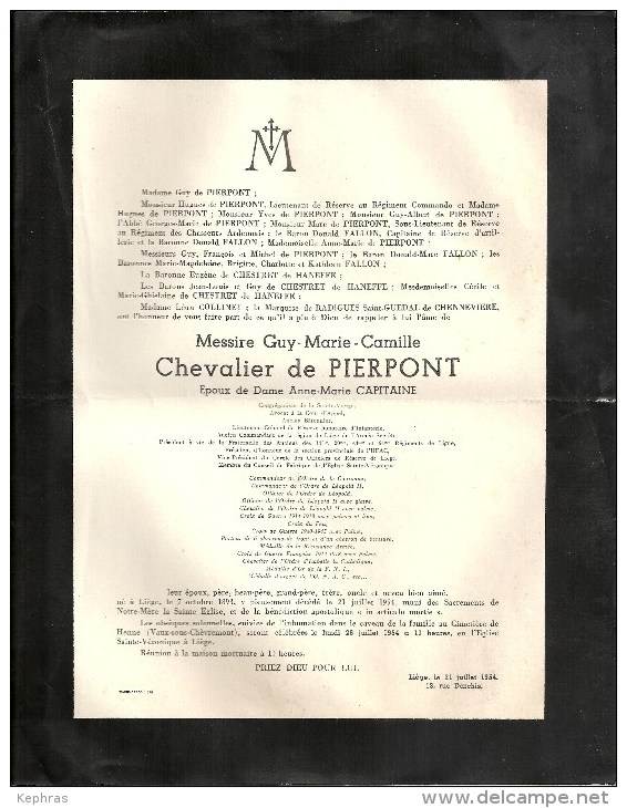 Messire Guy...Chevalier De PIERPONT époux Dame Anne-Marie CAPITAINE - Liège 1893 / 1954 - Décès