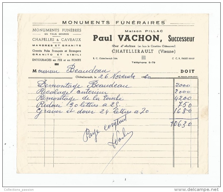 Facture , Monuments Funéraires , Maison Pillac , Paul Vachon , CHATELLERAULT , 1960 - 1950 - ...