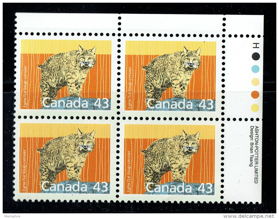 1988  Lynx  43 Cent Definitiver  Sc 1170  UR Plate Block  MNH - Neufs