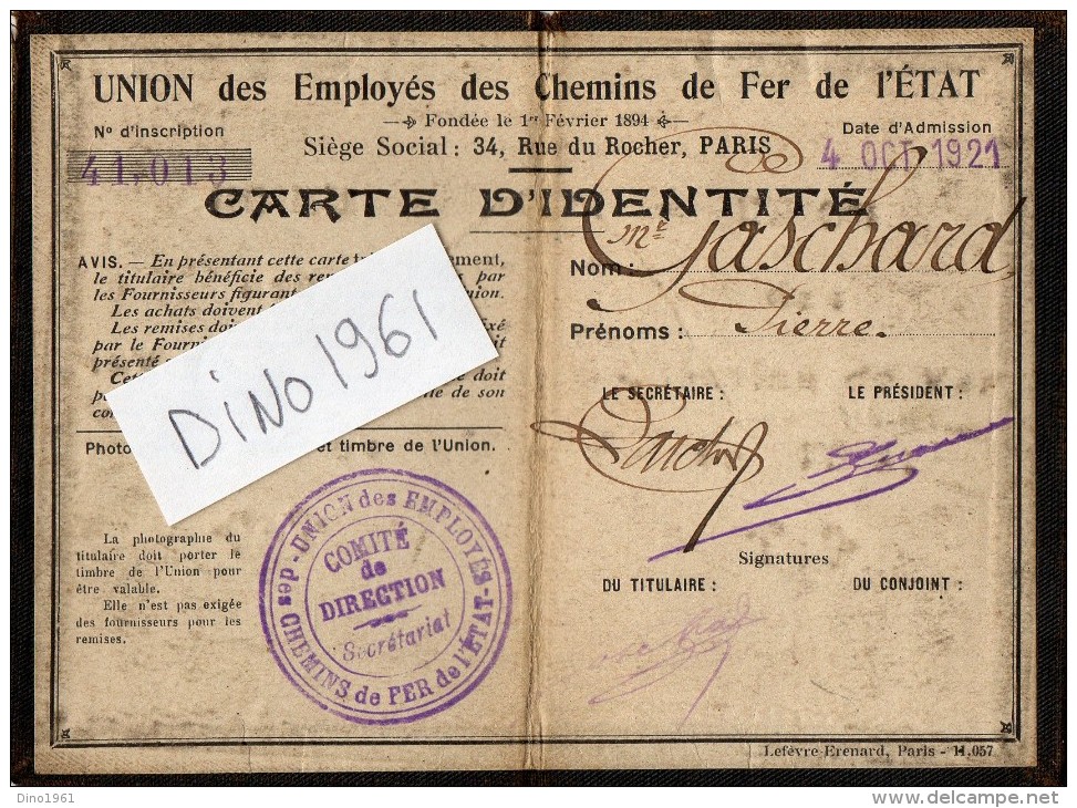 VP1357 - PARIS - Carte D'identité De L' Union Des Employés Des Chemins De Fer De L' Etat - Autres & Non Classés