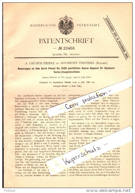 Original Patent - A. Crémer-Pirnay In Hodimont - Verviers , 1882 , Speise-Apparat Für Spinnerei !!! - Verviers