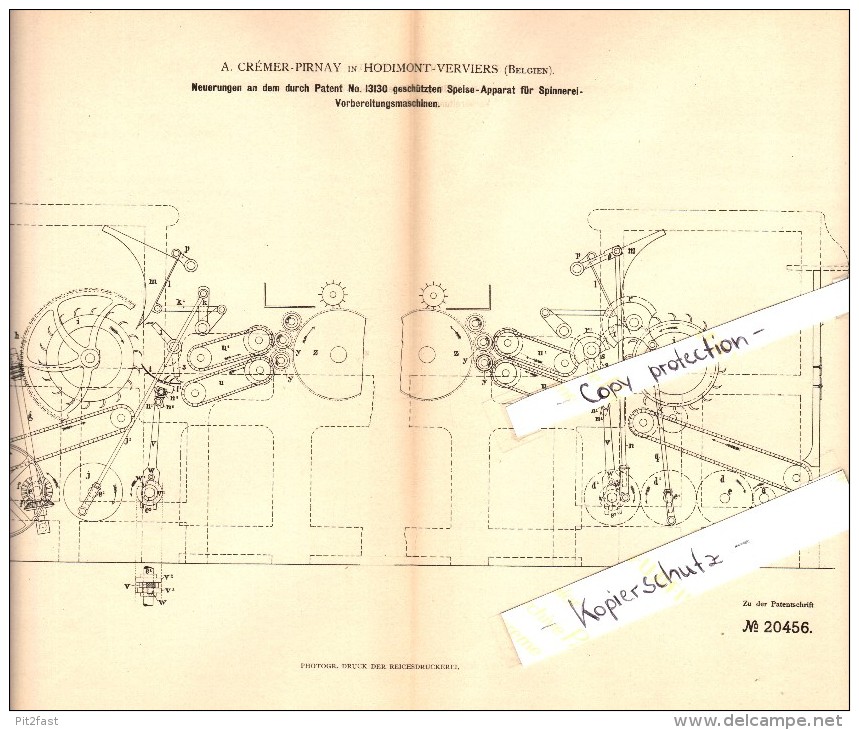 Original Patent - A. Crémer-Pirnay In Hodimont - Verviers , 1882 , Speise-Apparat Für Spinnerei !!! - Verviers