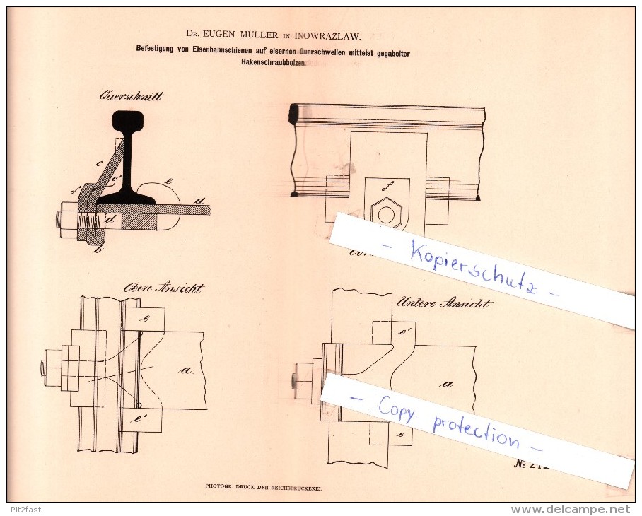 Original Patent - Dr. Eugen Müller In Inowrazlaw / Inowroclaw , 1882 , Befestigung Von Eisenbahnschienen  !!! - Westpreussen