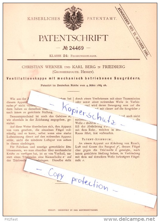 Original Patent - C. Werner Und K. Berg In Friedberg , Grossherzogth. Hessen , 1883 , Feuerung , Heizungsbau !!! - Friedberg