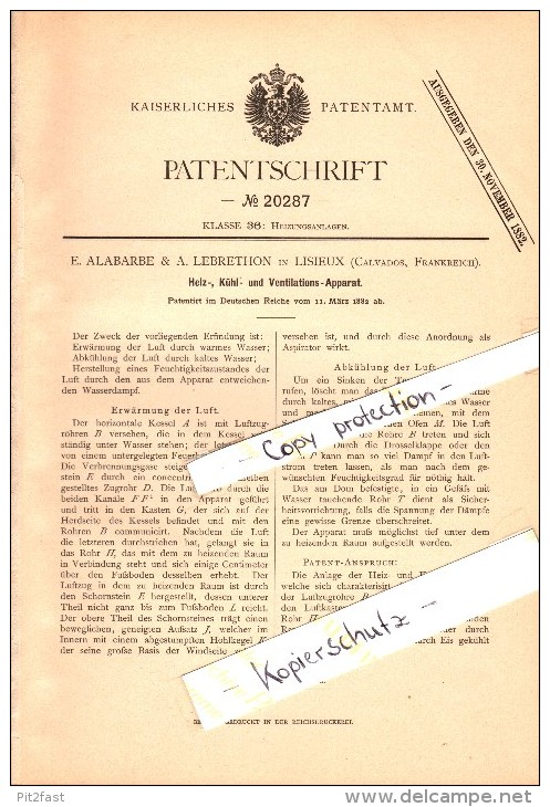 Original Patent - E. Alabarbe & A. Lebrethon à Lisieux , Calvados , 1882 , Chauffage Et Refroidissement Appareil !!! - Lisieux