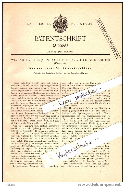 Original Patent - William Terry & John Scott In Dudley Hill Near Bradford , 1881 , Machine For Spinning !!! - Bradford