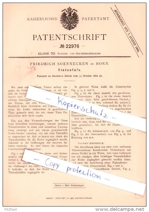 Original Patent - Friedrich Soennecken In Bonn , 1882 , Tintenfaß !!! - Calamai