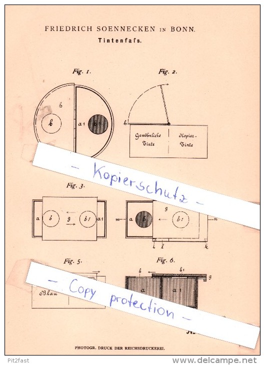 Original Patent - Friedrich Soennecken In Bonn , 1882 , Tintenfaß !!! - Inkwells