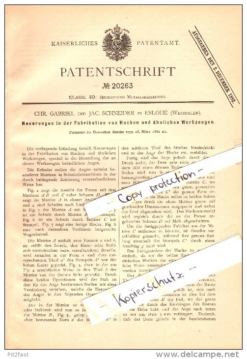 Original Patent - C. Gabriel Und J. Schneider In Eslohe , 1882 , Fabrikation Von Hacken Und Werkzeug !!! - Sonstige & Ohne Zuordnung