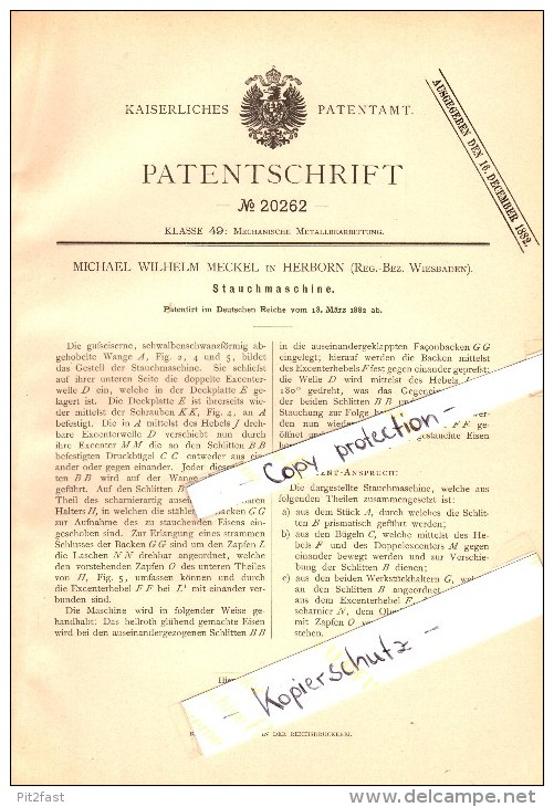 Original Patent - M.W. Meckel In Herborn I. Hessen , 1882 , Stauchmaschine , Metallbau !!! - Herborn