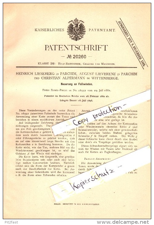 Original Patent -H. Lieseberg ,A. Lieverenz In Parchim Und Ch. Alpermann In Wittenberge , 1882 , Faßwinden , Mecklenburg - Parchim