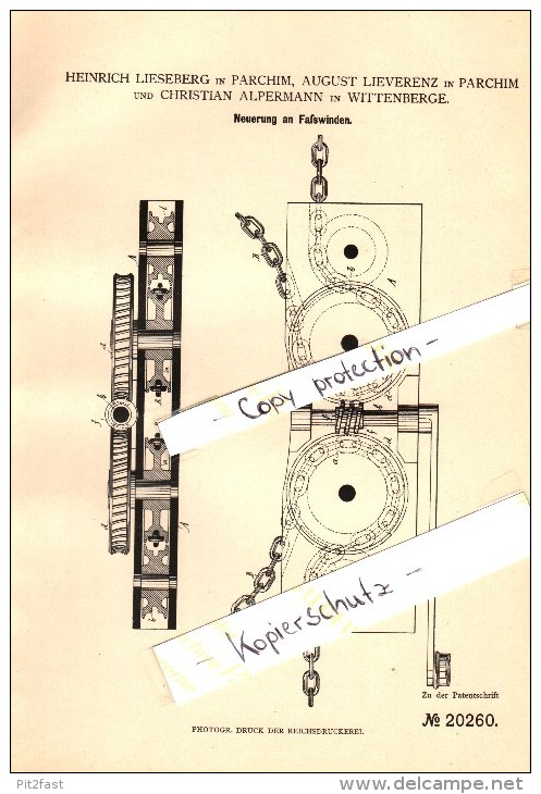 Original Patent -H. Lieseberg ,A. Lieverenz In Parchim Und Ch. Alpermann In Wittenberge , 1882 , Faßwinden , Mecklenburg - Parchim