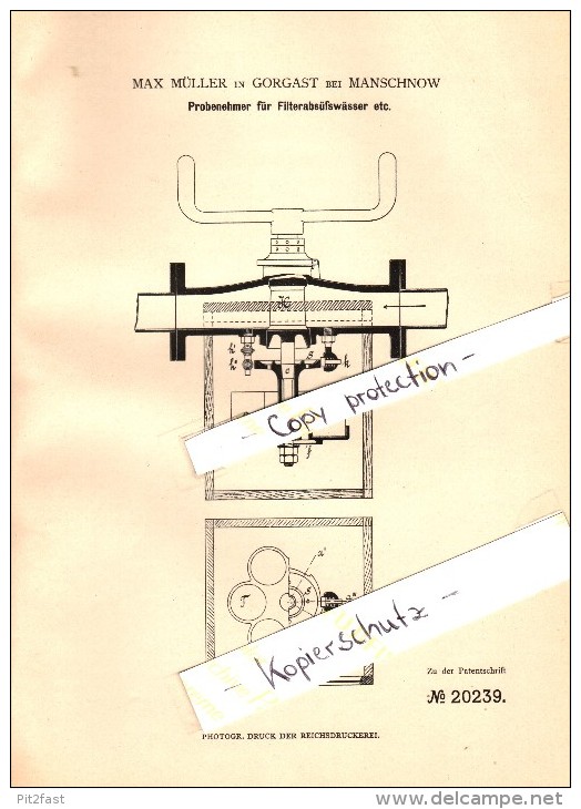 Original Patent - Max Müller In Gorgast B. Manschnow ,1882, Probenehmer Für Süßwasserfilter , Küstriner Vorland , Golzow - Golzow