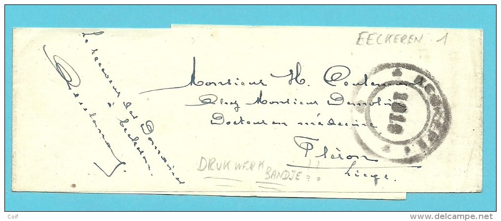 Drukwerkbandje (manchon - Imprime)  Met Dubbelringstempel EECKEREN 1 Van 1919 - Foruna (1919)