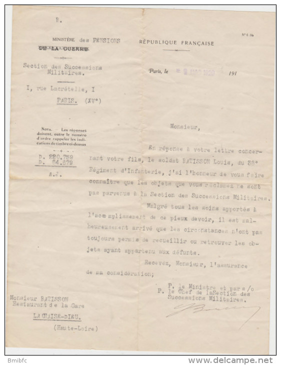 Lot De 2 Courriers De 1918 Et 1920 Du Ministère De La GUERRE Et Du Ministère Des Pensions - Historical Documents