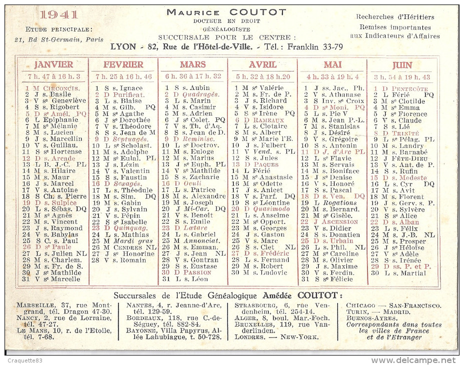 CALENDRIER- MAURICE COUTOT -DOCTEUR EN DROIT GENEALOGISTE LYON -1941 - Autres & Non Classés