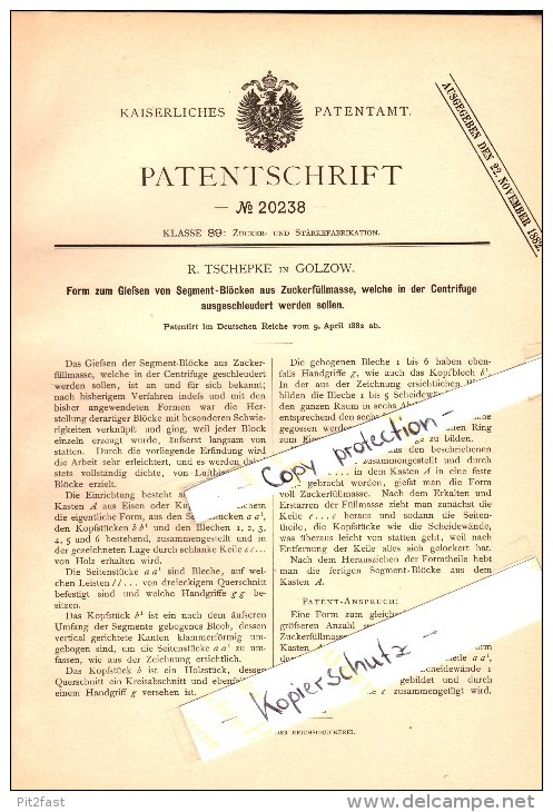 Original Patent - R. Tschepke In Golzow , 1882 , Segmentblöcke Aus Zuckerfüllmasse , Oderbruch , Zuckerfabrik !!! - Golzow