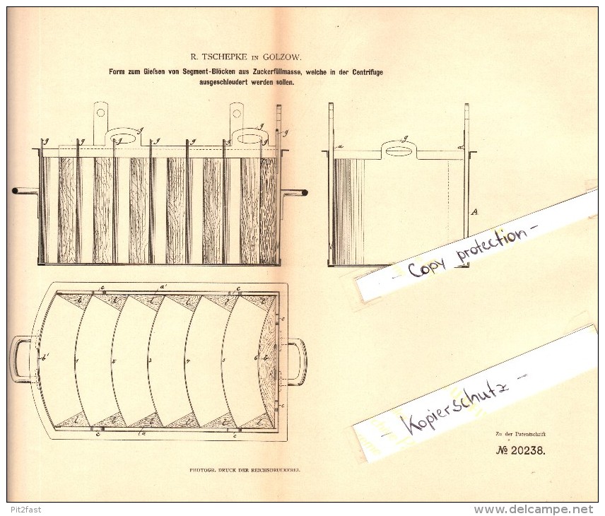 Original Patent - R. Tschepke In Golzow , 1882 , Segmentblöcke Aus Zuckerfüllmasse , Oderbruch , Zuckerfabrik !!! - Golzow