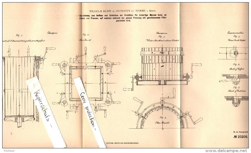 Original Patent - Wilhelm Klein In Osthofen B. Worms , 1882 , Vorrichtung Für Preßfilter , Presse !!! - Sonstige & Ohne Zuordnung