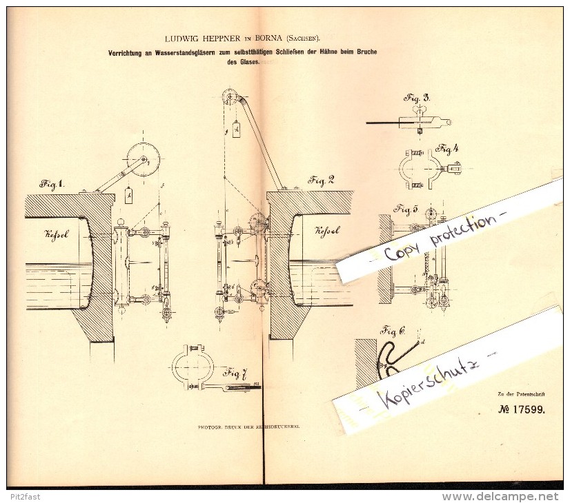 Original Patent - Ludwig Heppner In Borna I. Sachsen , 1881 , Bruchsichere Wasserstandsgläser , Dampfkessel !!! - Borna