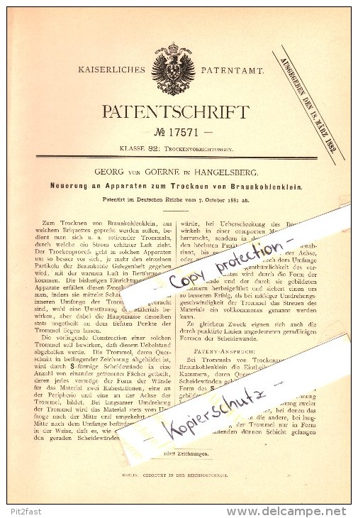 Original Patent - Georg Von Goerne In Hangelsberg B. Grünheide , 1881 , Apparat Zum Trocknen Von Braunkohle !!! - Grünheide