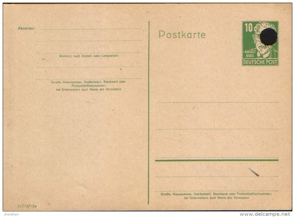 Germany/DDR - Stationery  Postcard  Unused 1951- P/41c Grasgrün,III/18/104 A. Bebel, German Socialist Politician, Writer - Cartes Postales - Neuves