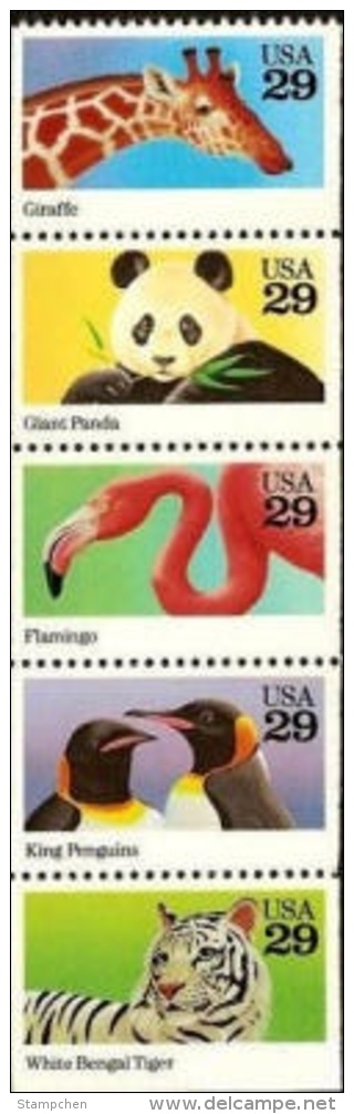 Pane 5 1992 USA Sc#2705-09 2709a Wild Animals Giraffe Giant Panda Flamingo Bird King Penguins White Bengal Tiger WWF - Flamants