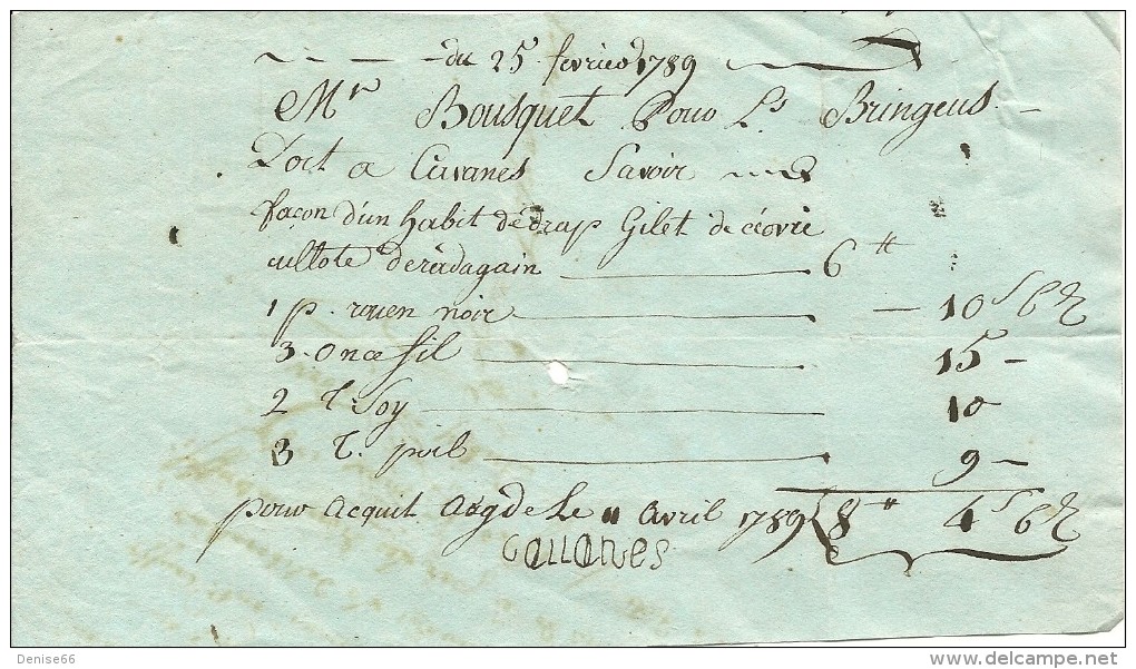 25 Février 1789 - FACTURE Pour Un Habit De Drap - Gilet Et Culotte - Prix En Livres, Sols... - Documents Historiques