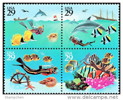 1994 USA Wonders Of The Sea Stamps Sc#2863-66 2866a Fish Ship Shell Bird Diving Ocean - Buceo