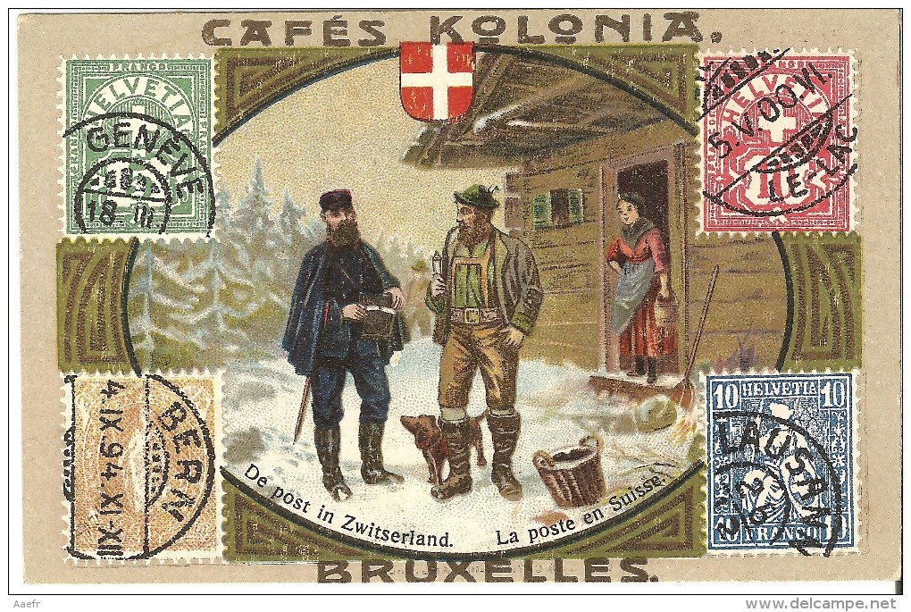 Chromos - Cafés Kolonia, Bruxelles - Série La Poste - SUISSE (postier, Timbres, Armoiries Ou Drapeau) No 1-33 - Tea & Coffee Manufacturers