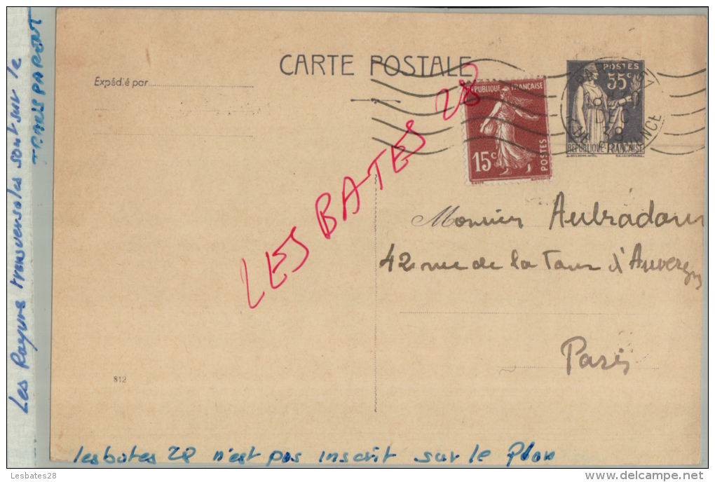 CARTE POSTALE  Entier Postal  Type PAIX  55c + Semeuse  Fond Plein 15c  1938 AVR 2015 149 - Cartes Postales Types Et TSC (avant 1995)