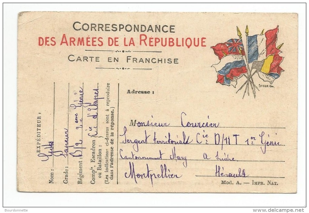 Correspondance Des Armées De La Republique Carte En Franchise Expédiée Par Un Légionnaire A MONTPELLIER-HERAULT - Montpellier