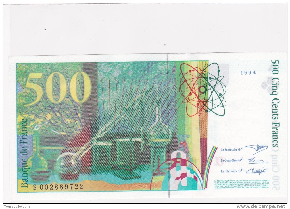 LOT 2 Billets NEUFS 500 FRANCS Pierre & Marie CURIE  N° à Suivre De 1994 @ S 002889722 Et 23 @  4 Scans - N° Fayette 76 - 500 F 1994-2000 ''Pierre En Marie Curie''