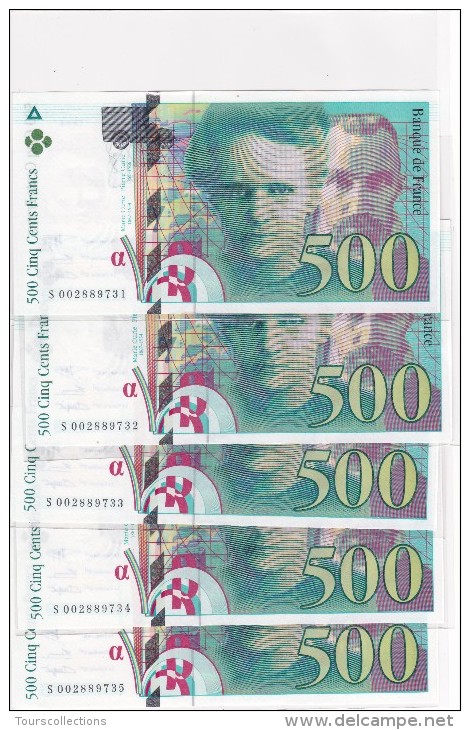 LOT 5 Billets NEUFS 500 FRANCS Pierre & Marie CURIE  5 N° à Suivre De 1994 @ S 002889731 à 35 @ 2 Scans - N° Fayette 76 - 500 F 1994-2000 ''Pierre Et Marie Curie''