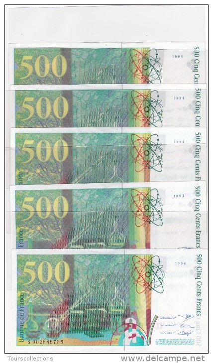 LOT 5 Billets NEUFS 500 FRANCS Pierre & Marie CURIE  5 N° à Suivre De 1994 @ S 002889731 à 35 @ 2 Scans - N° Fayette 76 - 500 F 1994-2000 ''Pierre Et Marie Curie''