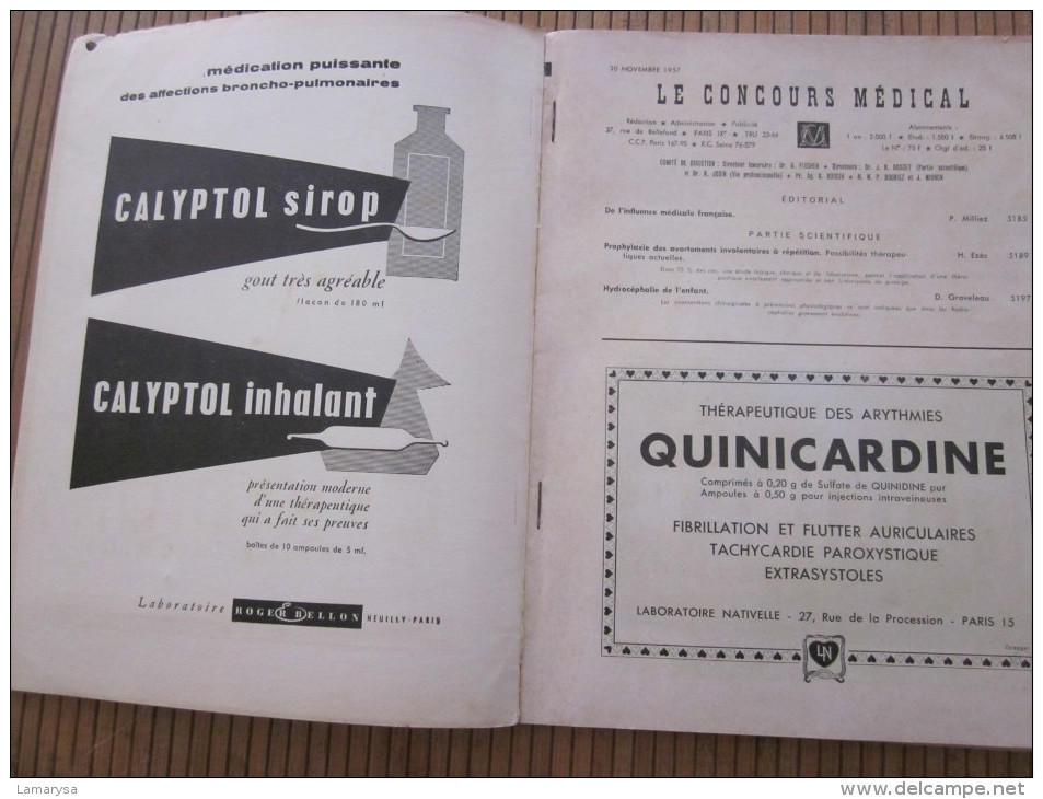 30 NOV 1957 ORGANE HEBDOMADAIRE PRATICIENS DOCTOR MEDECIN DOCTEUR " LE CONCOURS MEDICAL" N°48 ->79é ANNEE PUB PHARMACIE - Geneeskunde & Gezondheid