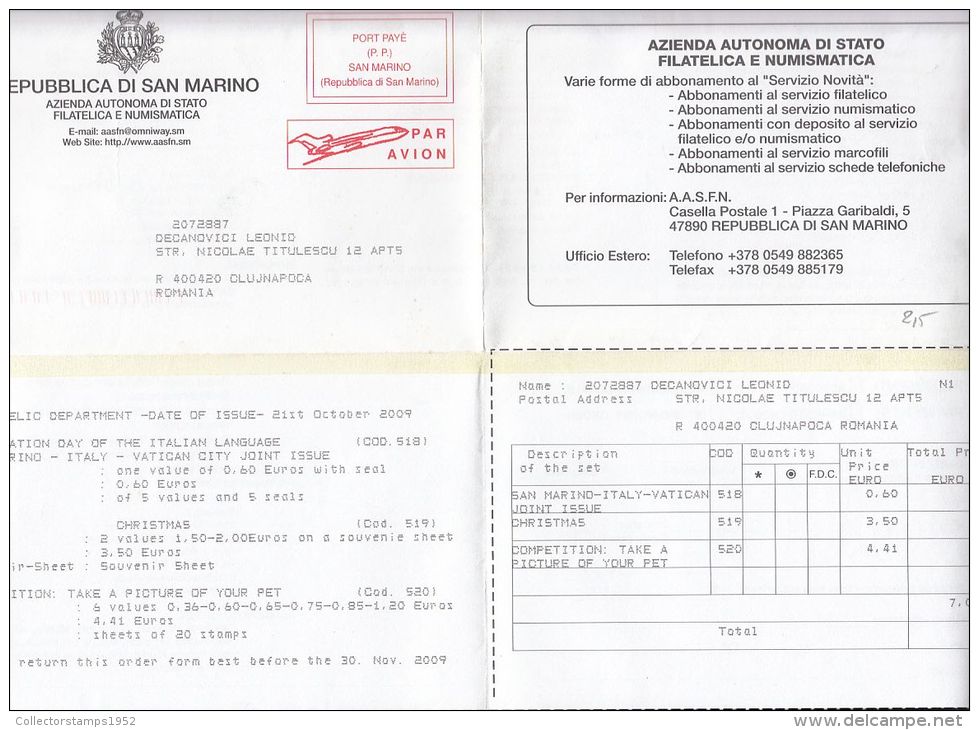13770- PREPAID MACHINE STAMPS, STAMP ISSUE SUBSCRIPTION FORM, 2009, SAN MARINO - Lettres & Documents