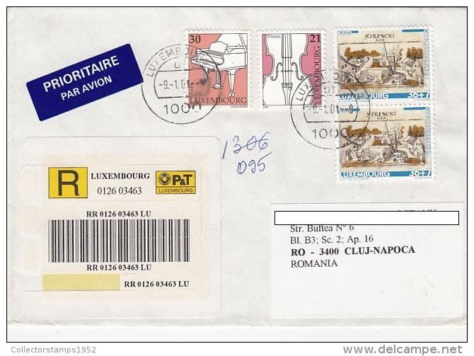 13839- OLD TOWN, PIANO, VIOLIN, STAMPS ON REGISTERED COVER, 2001, LUXEMBOURG - Briefe U. Dokumente