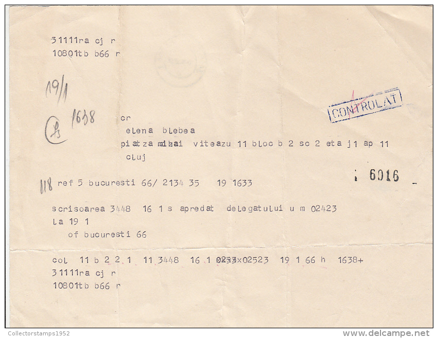 13909- TELEGRAMME, FROM CLUJ NAPOCA TO BUCHAREST, 1982, ROMANIA - Télégraphes