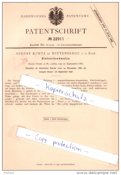 Original Patent - August Kuhtz In Wittenberge A. D. Elbe , 1882 , Dintenlöschwalze , Tintenlöscher !!! - Wittenberge