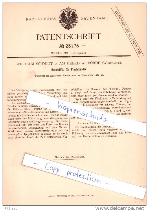 Original Patent - W. Schmidt In Am Heerd Bei Vörde , Westfalen , 1882 , Schlosserei !!! - Voerde