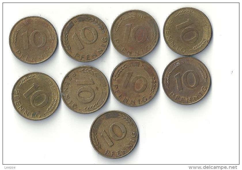 Monnaie Allemagne, 10 Pfennig Lot De 9 Pièces - 10 Pfennig