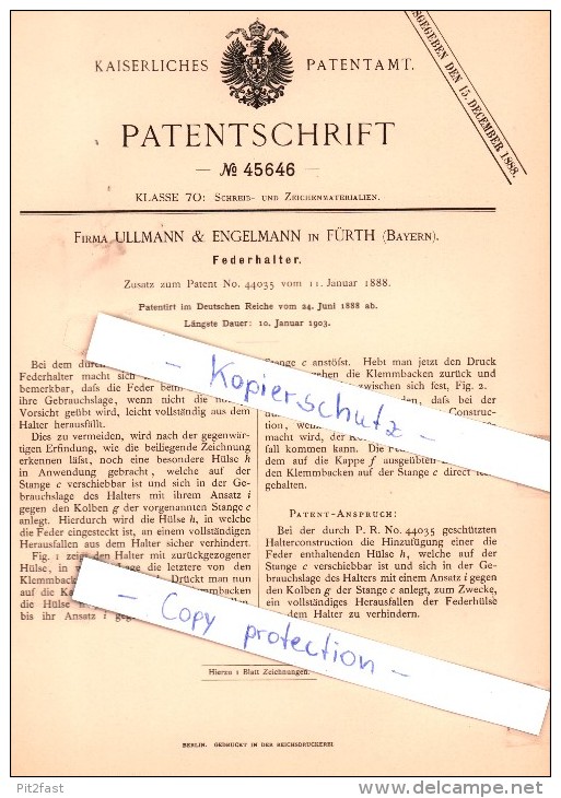 Original Patent - Firma Ullmann & Engelmann In Fürth , Bayern , 1888 , Federhalter !!! - Schreibgerät