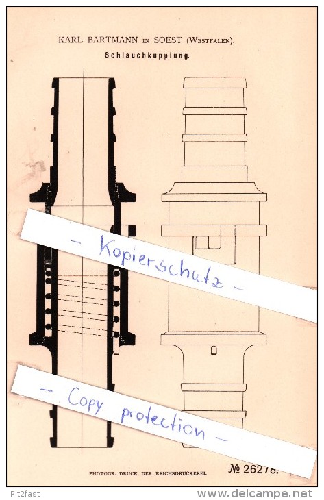 Original Patent - Karl Bartmann In Soest , Westfalen , 1883 , Schlauchkupplung !!! - Soest