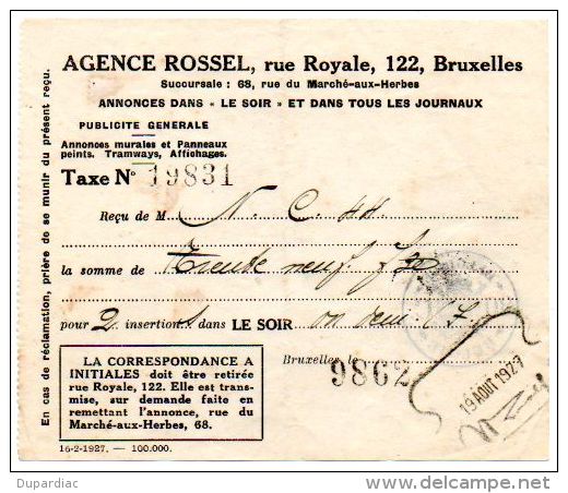 Cachet FISCAL 80c Belgique Sur Reçu Agence De Publicité ROSSEL, Rue Royale, 122, Bruxelles, Du 19 Août 1927. - Documents