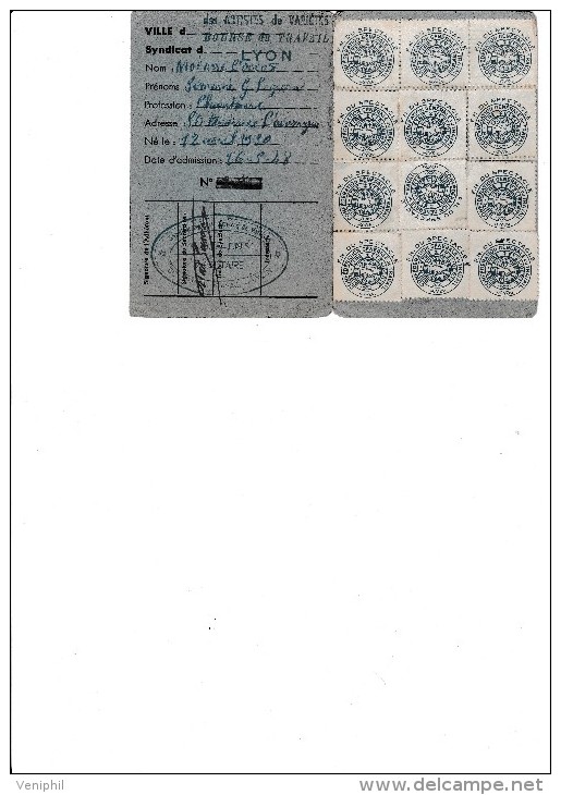 CARTE SYNDICALE 1949 CGT AVEC TIMBRES -ADHERENTE GINETTE LEGRAND -CHANTEUSE LYONNAISE - Autres & Non Classés