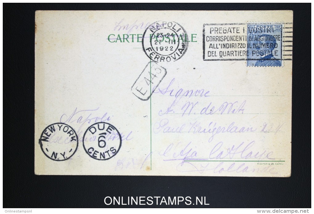 Italy: Postcard 1922  Napoli To New York  With Due 6 Cents Cancel, Excelsior Hotel - Marcophilie