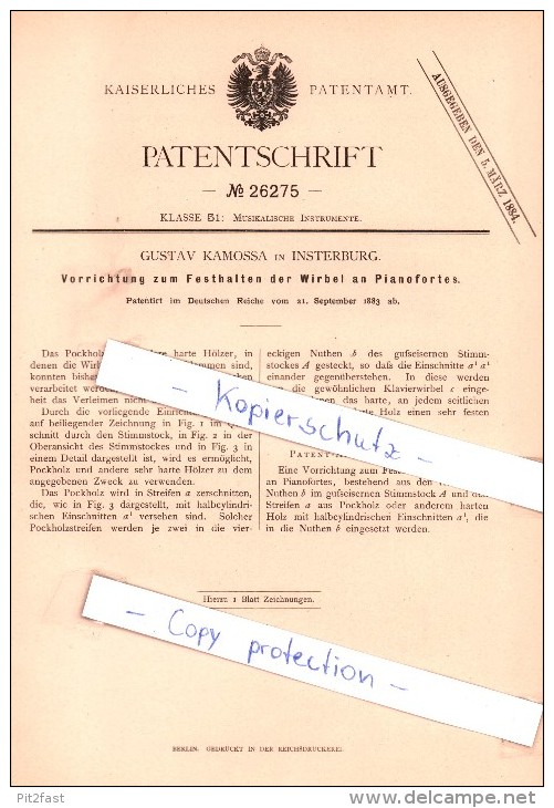 Original Patent - G. Kamossa In Insterburg / Tschernjachowsk , 1883 ,  Festhalten Der Wirbel An Pianofortes !!! - Ostpreussen